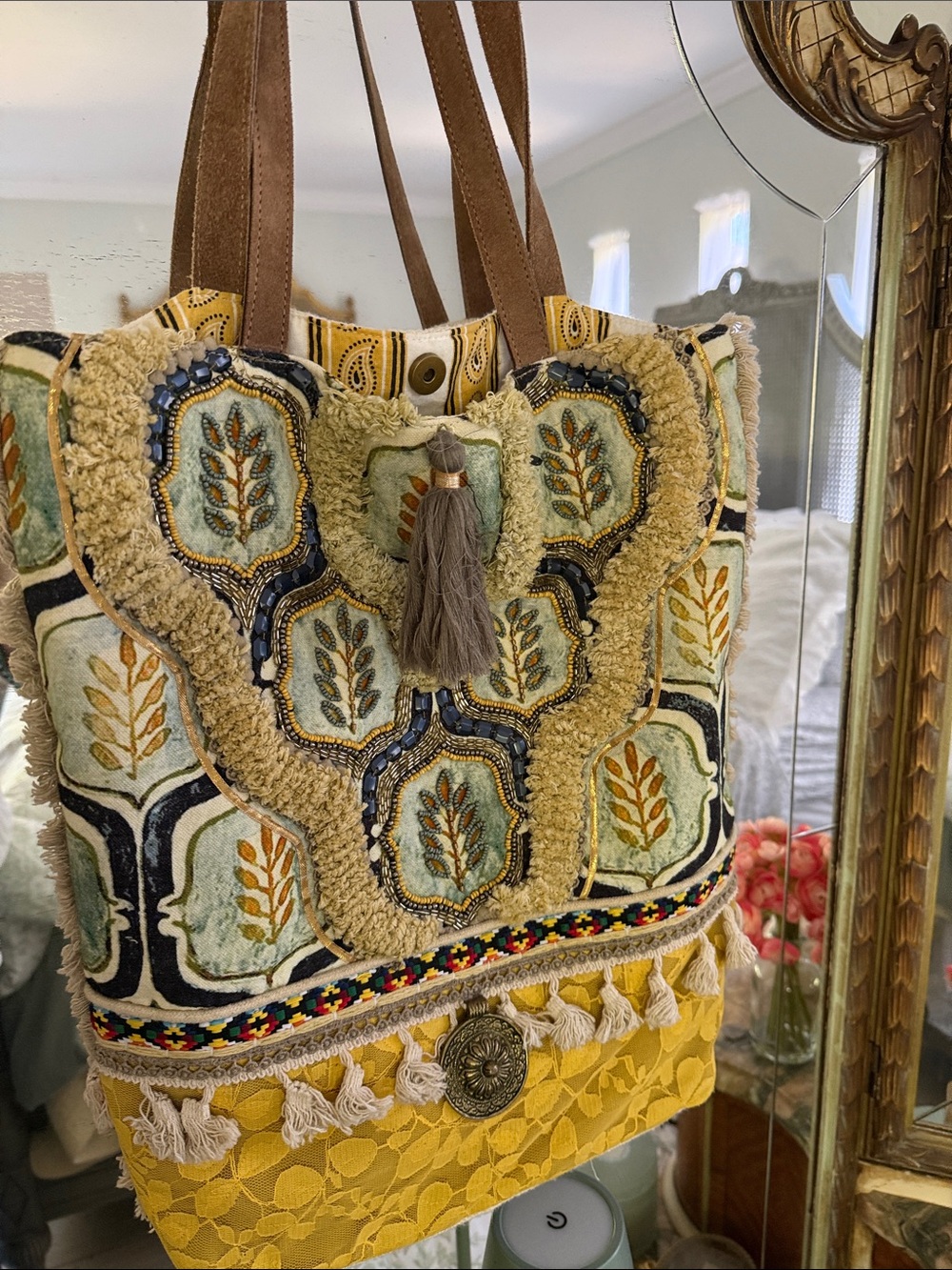 Boho Tassel Tote Bag in Mustard Yellow and Sage